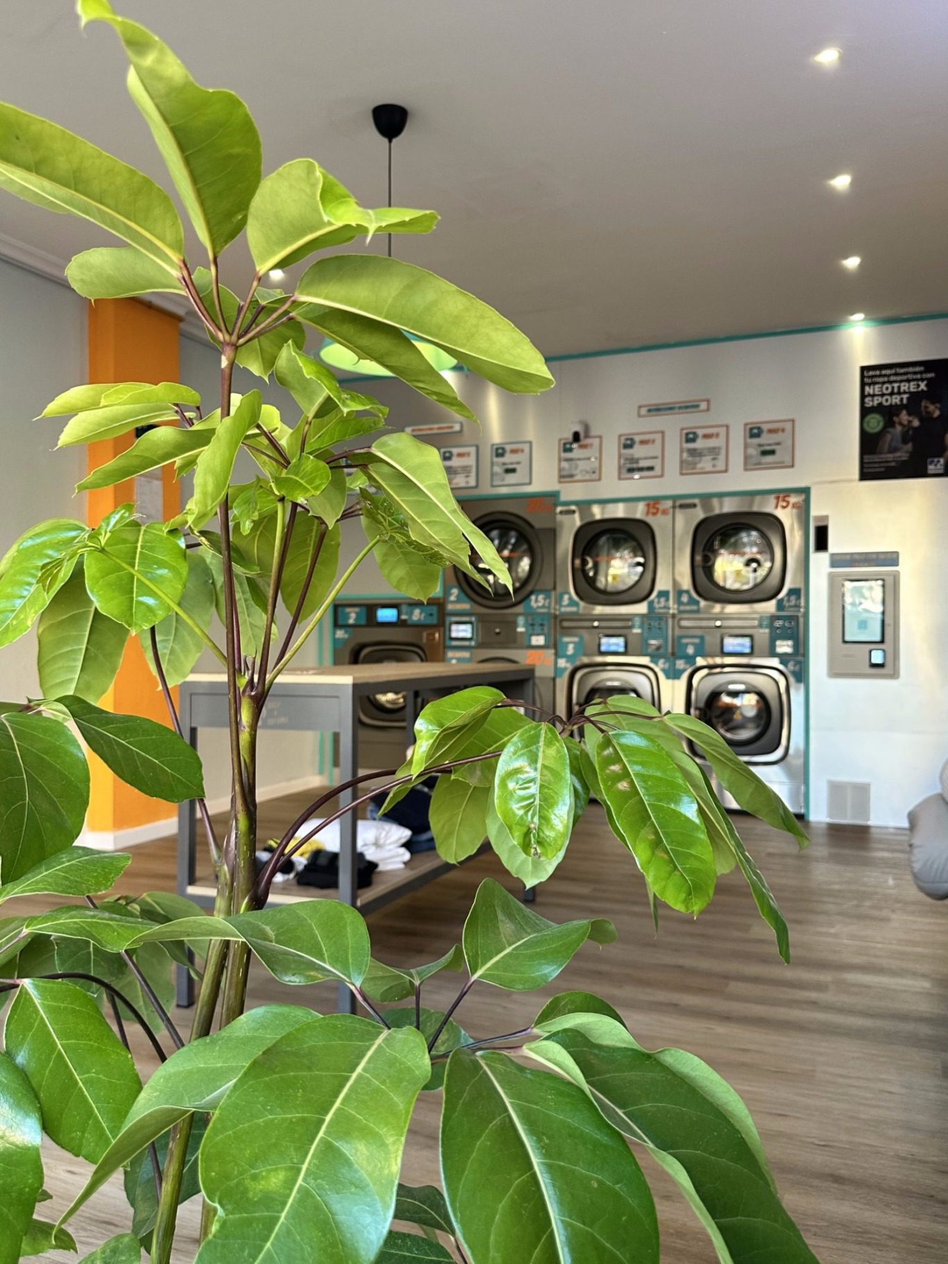 Interior de Lavandería Seco y Espuma Fuengirola con mesas, bancos y máquinas de lavandería. Luz tenue y decoración moderna.